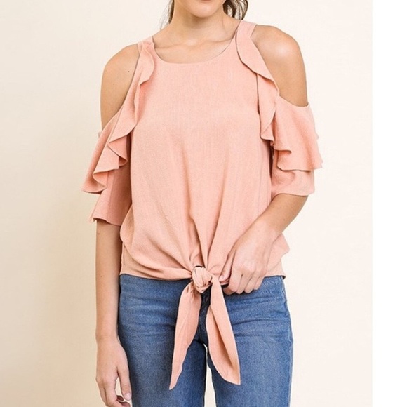 Tops - LINEN BLEND RUFFLE OPEN SHOULDER TOP IN BLUSH/PEACH